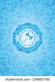 medieval axe icon inside light blue emblem with triangle mosaic background
