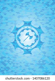 medieval axe icon inside light blue mosaic emblem