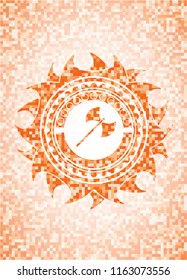 medieval axe icon inside orange mosaic emblem with background