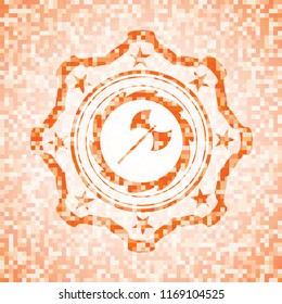 medieval axe icon inside orange tile background illustration. Square geometric mosaic seamless pattern with emblem inside.