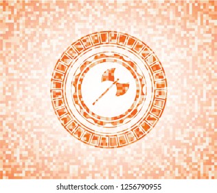 medieval axe icon inside orange tile background illustration. Square geometric mosaic seamless pattern with emblem inside.