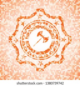 medieval axe icon inside orange mosaic emblem with background