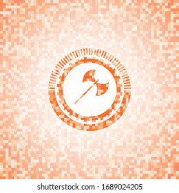 medieval axe icon inside orange tile background illustration. Square geometric mosaic seamless pattern with emblem inside.