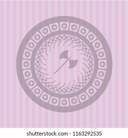 medieval axe icon inside pink emblem. Vintage.