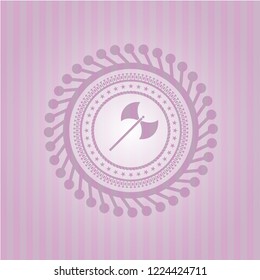 medieval axe icon inside pink emblem. Retro