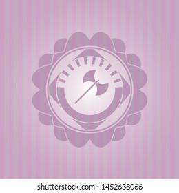 medieval axe icon inside pink emblem. Retro