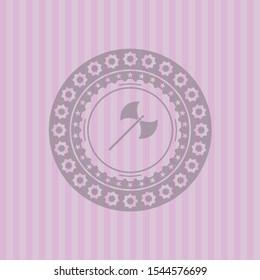 medieval axe icon inside pink emblem. Vintage.