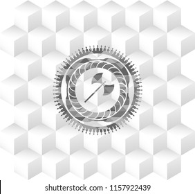 medieval axe icon inside realistic grey emblem with geometric cube white background