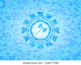 medieval axe icon inside realistic sky blue mosaic emblem