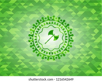 medieval axe icon inside realistic green mosaic emblem