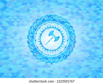 medieval axe icon inside realistic sky blue mosaic emblem