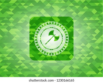 medieval axe icon inside realistic green emblem. Mosaic background