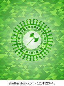 medieval axe icon inside realistic green mosaic emblem