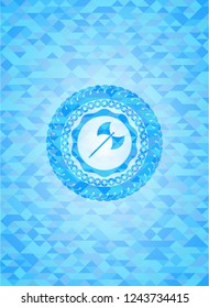 medieval axe icon inside realistic sky blue emblem. Mosaic background