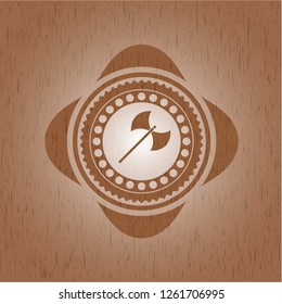 medieval axe icon inside realistic wood emblem