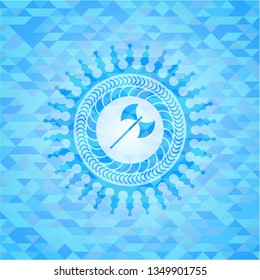 medieval axe icon inside realistic light blue mosaic emblem