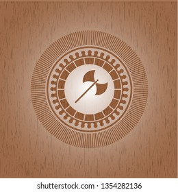 medieval axe icon inside realistic wood emblem