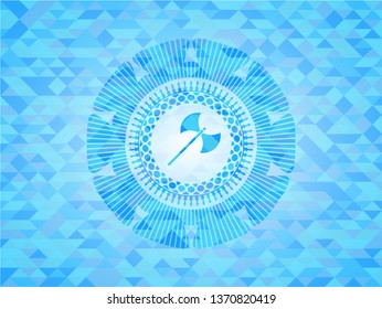 medieval axe icon inside realistic sky blue mosaic emblem