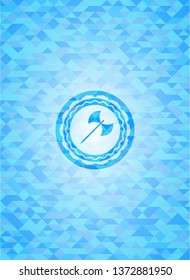 medieval axe icon inside realistic sky blue mosaic emblem