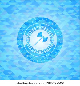 medieval axe icon inside realistic sky blue mosaic emblem