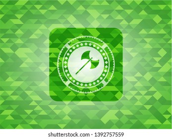 medieval axe icon inside realistic green mosaic emblem