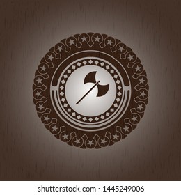 medieval axe icon inside realistic wood emblem