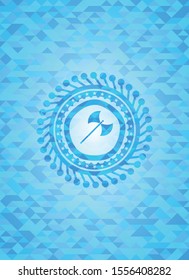 medieval axe icon inside realistic sky blue emblem. Mosaic background