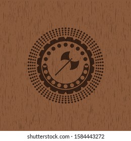 medieval axe icon inside realistic wooden emblem