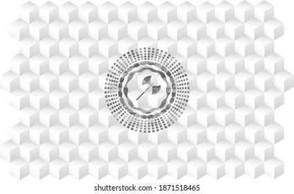 Mittelalterliches Axt-Symbol in realistisch grauem Emblem mit würfelweißem Hintergrund. 