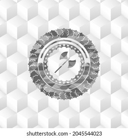 medieval axe icon inside realistic grey emblem with cube white background. 