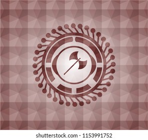 medieval axe icon inside red seamless geometric pattern emblem. Seamless.