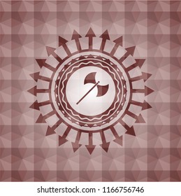 medieval axe icon inside red emblem or badge with abstract geometric pattern background. Seamless.