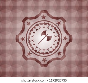 medieval axe icon inside red badge with geometric pattern. Seamless.
