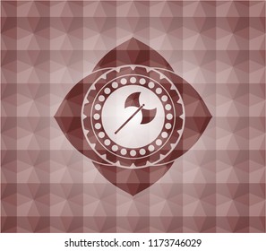 medieval axe icon inside red seamless geometric pattern emblem. Seamless.