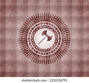 medieval axe icon inside red seamless geometric pattern emblem. Seamless.