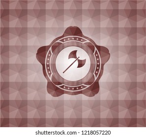 medieval axe icon inside red badge with geometric pattern. Seamless.