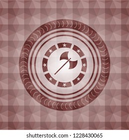 medieval axe icon inside red emblem with geometric background. Seamless.