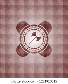 medieval axe icon inside red badge with geometric pattern background. Seamless.