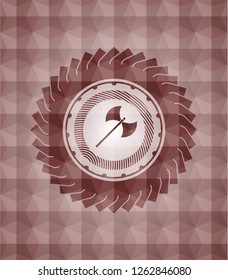 medieval axe icon inside red emblem or badge with abstract geometric pattern background. Seamless.