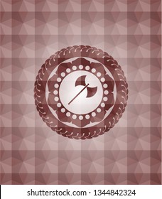 medieval axe icon inside red seamless emblem or badge with geometric pattern background.