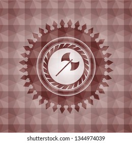 medieval axe icon inside red seamless emblem with geometric pattern.