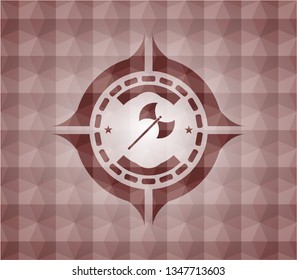 medieval axe icon inside red badge with geometric pattern background. Seamless.