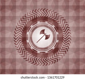 medieval axe icon inside red emblem with geometric pattern background. Seamless.