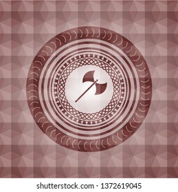 medieval axe icon inside red emblem with geometric background. Seamless.