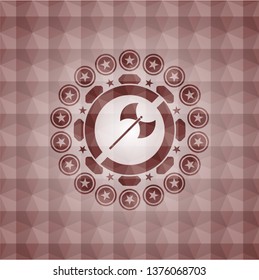 medieval axe icon inside red badge with geometric background. Seamless.