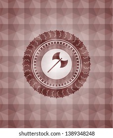 medieval axe icon inside red emblem with geometric pattern. Seamless.