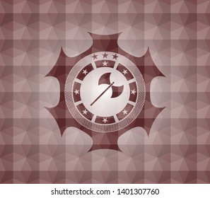 medieval axe icon inside red seamless badge with geometric pattern.