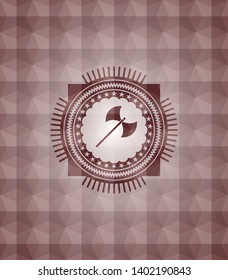 medieval axe icon inside red geometric badge. Seamless.