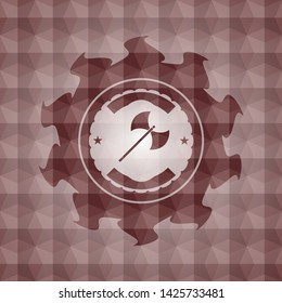 medieval axe icon inside red geometric badge. Seamless.