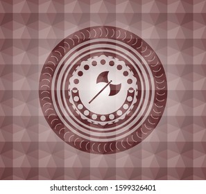 medieval axe icon inside red polygonal badge. Seamless.